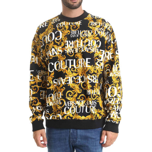 VERSACE JEANS/范思哲牛仔 男士黑色棉質(zhì)經(jīng)典字母徽標(biāo)印花裝飾圓領(lǐng)長袖上衣衛(wèi)衣套頭衫 B7GUA7F5-SH600-899