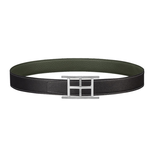 HERMES/愛馬仕 H Inside系列 黑色/墨綠色荔枝紋小牛皮 男士雙面銀扣皮帶32毫米 H081669CK05/H073967CAAZ080