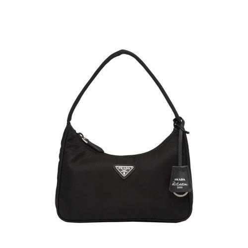 PRADA/普拉達(dá) Re-Edition 00系列 女士黑色再生尼龍拉鏈封口琺瑯金屬三角形標(biāo)志編織手柄徽標(biāo)印花襯里手提單肩包1NE515_RDH0_F0002