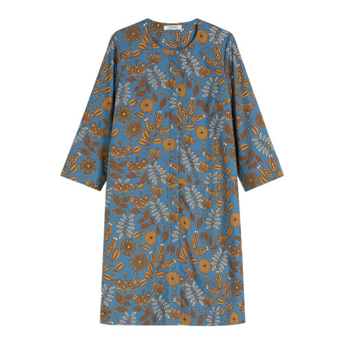 MaxMara/麥絲瑪拉 22年早春新款 BIAGIO系列 女士藍(lán)色棉府綢花朵印花中長(zhǎng)連衣裙9221212106002
