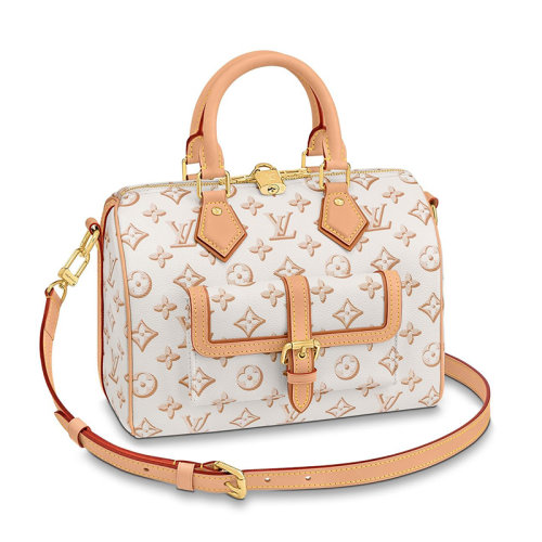 Louis Vuitton/路易威登 22新款SPEEDY 25系列 女士淺米色老花帆布飾米色牛皮滾邊金扣金鎖拉鏈開合單肩斜跨手提包M20919