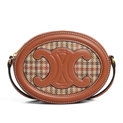 CELINE/賽琳 22新款TRIOMPHE系列 女士多色格子紋花呢配棕色系皮革同色系凱旋皮扣拉鏈開合單肩斜跨包10I702EQH.14ML