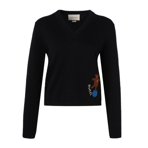 GUCCI 古馳 女士 服裝 黑色V領(lǐng)長(zhǎng)袖針織衫 女士毛衣針織衫