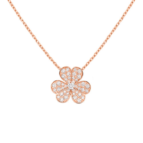 Van Cleef & Arpels/梵克雅寶 Frivole系列 小號款18K金玫瑰金鑲嵌43顆鉆石三葉草形狀吊墜項(xiàng)鏈VCARP7RL00
