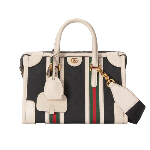 GUCCI/古馳 22新款Exquisite系列 女士小號(hào)黑色皮革金扣飾紅綠條紋織物白色飾面細(xì)節(jié)拉鏈開合單肩手提包715772FAARB1044