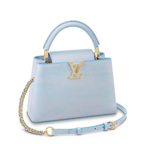 Louis Vuitton/路易威登 22新款CAPUCINES BB系列 女士丁香紫/淺藍(lán)色系噴繪效果粒面牛皮革金扣配可拆卸皮革鏈條編織肩帶單肩手提包M59868