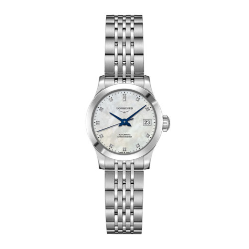 LONGINES/浪琴  開創(chuàng)者系列自動(dòng)機(jī)械精鋼女士鑲鉆珍珠貝母腕表26毫米 L2.320.4.87.6