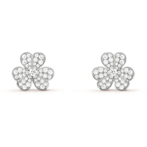 Van Cleef & Arpels/梵克雅寶 經(jīng)典Frivole系列 18k金白金鑲嵌鉆石滿鉆三瓣花朵小號(hào)耳釘VCARB65800