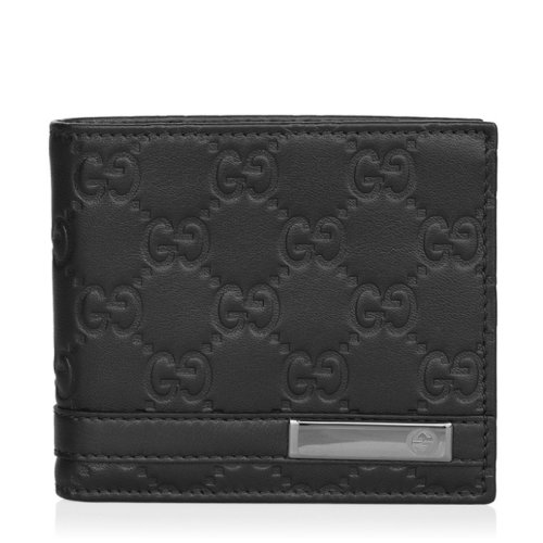 GUCCI/古馳 黑色 男士黑色牛皮雙G logo銀色標(biāo)志壓花錢包錢夾
