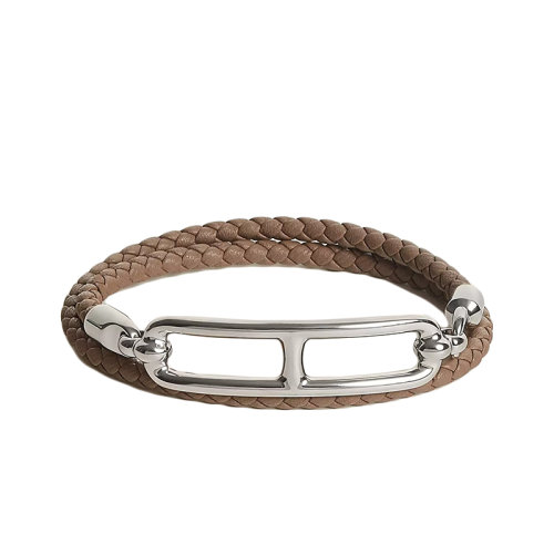 HERMES/愛馬仕 22春夏新款Roulis系列 卡其棕色小牛皮銀色豬鼻扣編織雙圈手鏈H071727FP18