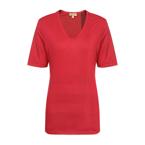 BURBERRY/博柏利 莫代爾纖維紅色V領(lǐng)女士短袖T恤 短T 上裝 格紋飾邊  瑕疵特賣（陳列痕跡，不影響使用） 博柏利t恤