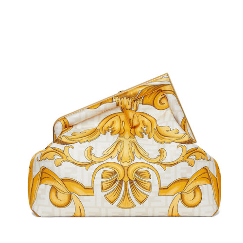 FENDI/芬迪 22新款First系列 女士Fendace聯(lián)名款中號(hào)白色印花桑蠶絲超大F金屬搭扣單肩手拿包8BP127AJQCF1EGP