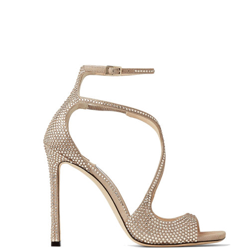 Jimmy Choo/周仰杰 22年秋冬新款 Azia 95系列 女士蜂蜜金色絨面革鑲水晶涼鞋AZIA95SCX