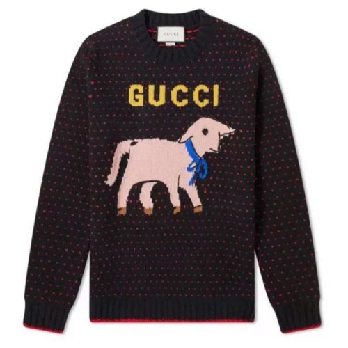 GUCCI/古馳 古奇男裝  黑色  嵌花小羊羊毛男士針織毛衣 595499 XKAUZ  HC0640