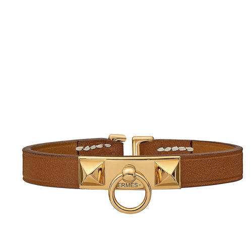 HERMES/愛(ài)馬仕 Rivale系列 mini金棕色小牛皮飾金色黃銅吊環(huán)手鐲手環(huán)H081181CC37