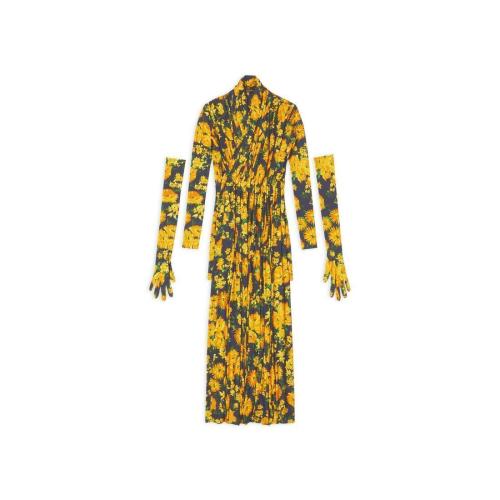  BALENCIAGA巴黎世家 22年秋冬 女士 連衣裙 Womens Yellow Bouquet Cycling Draped Dress in Y