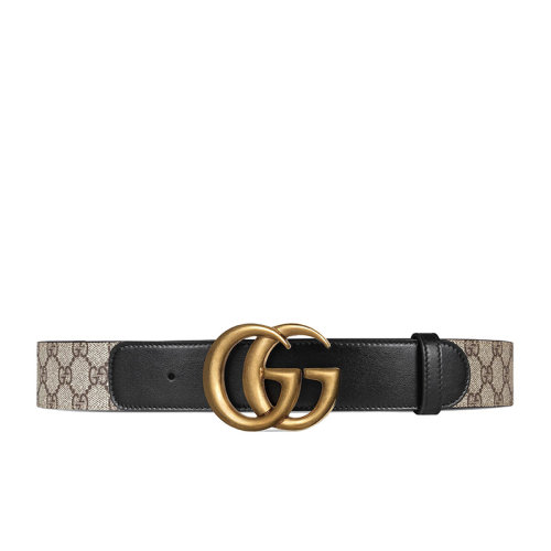GUCCI/古馳  女士帆布搭配小牛皮復(fù)古GG金扣4cm腰帶 400593 92TLT 9769