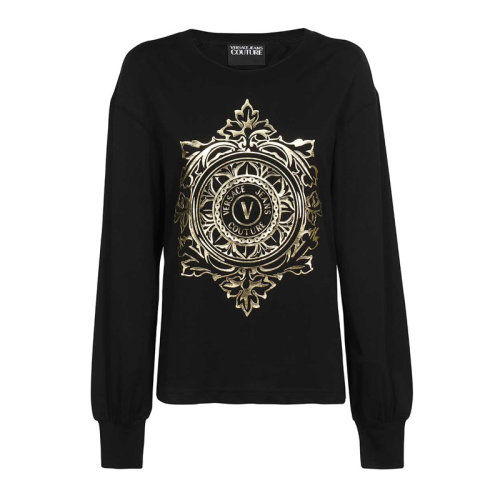 VERSACE JEANS/范思哲牛仔 女士黑色棉質(zhì)印花裝飾圓領(lǐng)長袖上衣衛(wèi)衣套頭衫 71HAHF05-CJ00F-G89