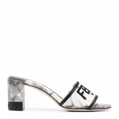 FENDI/芬迪 女士 鞋靴  白色黑色拼色字母LOGO刺繡粗跟涼鞋拖鞋 女士涼拖