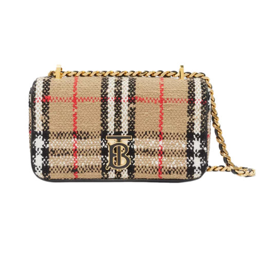 BURBERRY/博柏利 22新款 Lola Vintage系列 女士迷你棕色圈圈棉/羊毛混紡格紋圖案翻蓋磁扣開(kāi)合拋光金屬單肩斜挎包80630831