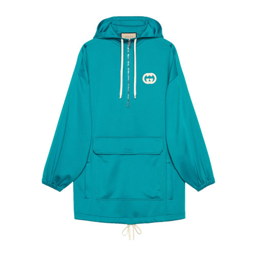 GUCCI/古馳 22秋冬新款 女士藍色聚酯纖維混紡飾互扣式雙G貼兜帽連衣裙650618XJD6F4594