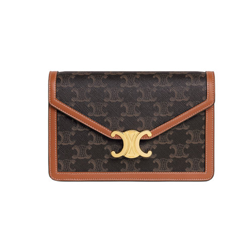 CELINE/賽琳 23春夏新款 女士棕色老花帆布配皮小牛皮飾邊金色金屬按扣翻蓋開合金色鏈條調(diào)節(jié)拆卸皮革肩帶單肩斜挎包10L462DQB.04LU