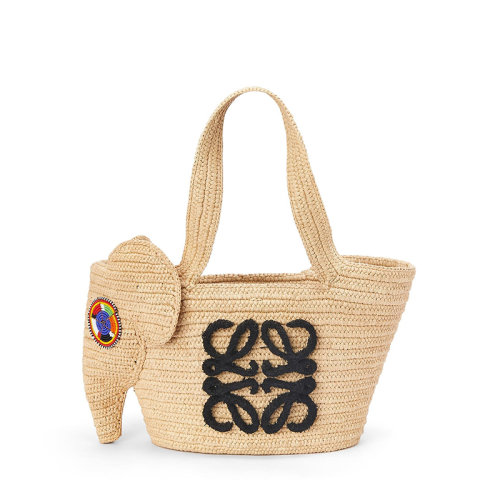 LOEWE/羅意威 22新款Elephant Basket系列 女士小號自然色拉菲草編制大象籃子手提包A223T37X06-2123