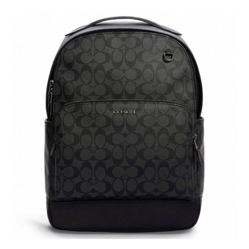 COACH/蔻馳 男士黑灰拼色PVC配皮經(jīng)典雙C字母徽標(biāo)印花裝飾拉鏈開(kāi)合雙肩包手提包旅行包背包男包 C2935QBMI5