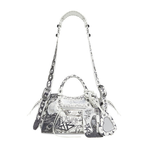 Balenciaga/巴黎世家 22秋冬新款 NEO CAGOLE MODEL XS系列 女士白色黑色涂鴉印花小羊皮復古銀色飾面拉鏈開合拆卸心形鏡子單肩包700940210GD9060