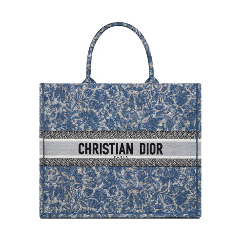 DIOR/迪奧 22新款BOOK TOTE系列 女士大號藍(lán)色系花紋刺繡效果織物徽標(biāo)印花單肩手提托特包M1286ZRXR_M49E