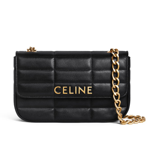 CELINE/賽琳 22新款MATELASSE MONOCHROME系列 女士黑色絎縫羊皮革徽標金扣單肩斜跨鏈條包111273EPZ.38NO