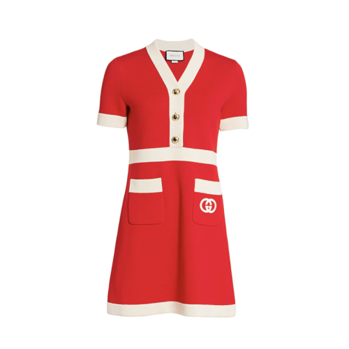 GUCCI/古馳 互扣式雙G羊毛連衣裙 紅色 606017 XKA4A 6367