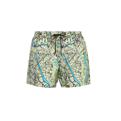 FENDI/芬迪 22年春夏新款 男士綠色尼龍對比色調(diào)Map圖案游泳短褲FXB077AH3SF1AL8