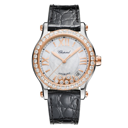  Chopard/蕭邦  Happy Sport系列 自動(dòng)機(jī)械表精鋼玫瑰金鑲鉆表殼黑色閃亮鱷魚(yú)皮表帶女表36毫米278559-6006