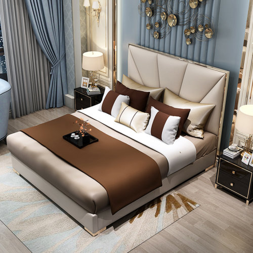 GeleiStory/GeleiStory后現(xiàn)代真皮床輕奢酒店樣版房別墅皮藝雙人床高靠背1.8M省空間家具  床