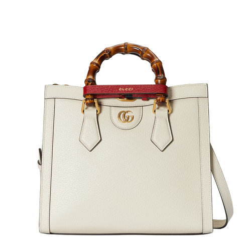 GUCCI/古馳 22春夏新款Diana系列 女士小號白色皮革紅色飾帶金扣雙竹節(jié)提手黃綠肩帶單肩手提托特包702721U3ZDT9196