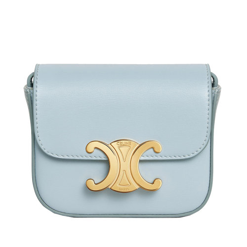 CELINE/賽琳 22新款TRIOMPHE系列 女士迷你冰藍(lán)色皮革凱旋金扣按扣開(kāi)合單肩斜跨包10I513DPV.07IC