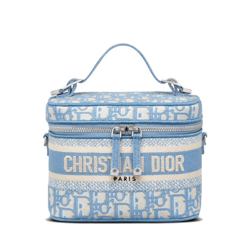 DIOR/迪奧 22春夏新款TRAVEL系列 女士小號矢車菊藍老花刺繡銀扣拉鏈開合單肩斜跨手提梳妝包S5529VRIW_M917