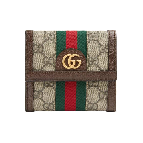 GUCCI/古馳 新款Ophidia GG系列 女士棕色GG Supreme帆布皮革翻蓋錢包 52317396IWG8745