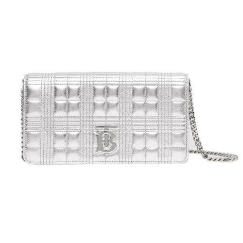 BURBERRY/博柏利 22新款 Lola系列 女士銀色絎縫小羊皮配拆卸調(diào)節(jié)銀色鏈條肩帶錢(qián)包80596591