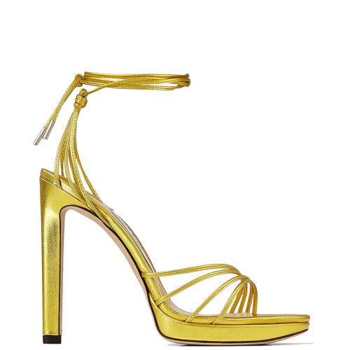 Jimmy Choo/周仰杰 22年秋冬新款 Antia PF/120系列 女士酸黃色金屬感納帕皮革系帶涼鞋ANTIAPF120MNA