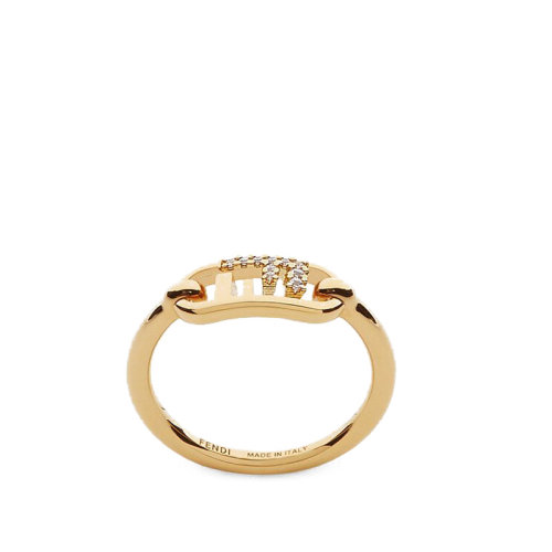 FENDI/芬迪  O’LOCK系列 金色金屬Fendi O'Lock圖案白色水晶戒指8AH323A44GF089U