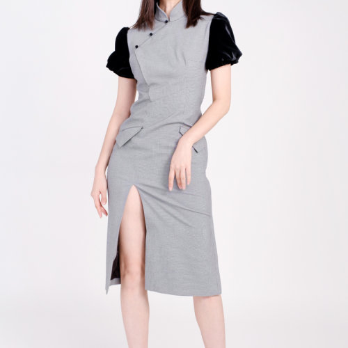 bifubyxingchen/彼伏灰色旗袍領(lǐng)羊腿袖女士連衣裙