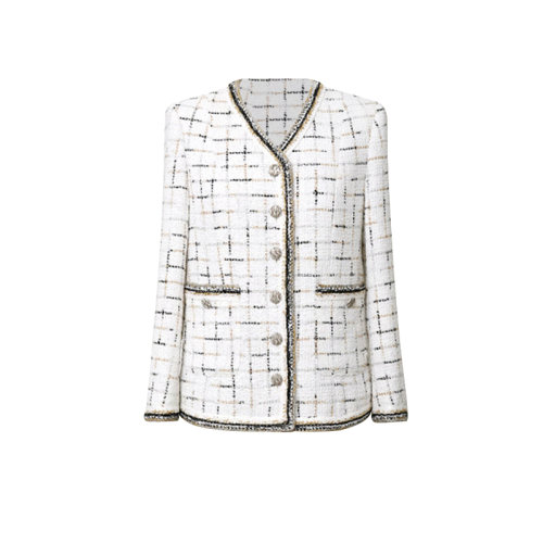 GeleiStory/GeleiStory 春季新款復(fù)古金絲編織格紋V領(lǐng)小香風(fēng)百搭短外套 女士夾克