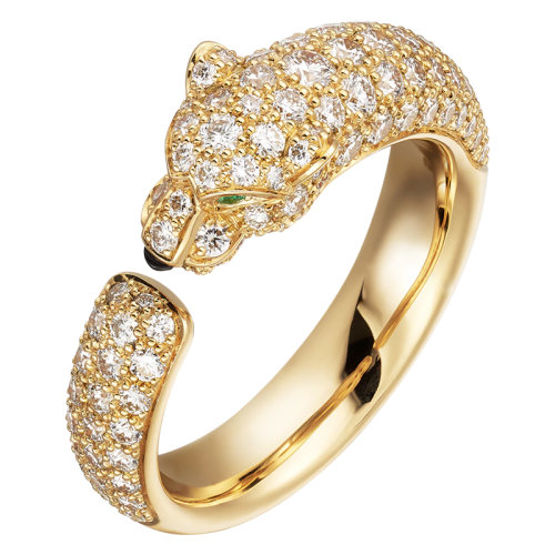 CARTIER/卡地亞 Panthère 系列 18K金黃金祖母綠瑪瑙鉆石戒指 鑲嵌2顆祖母綠和112顆明亮切工鉆石N4765500