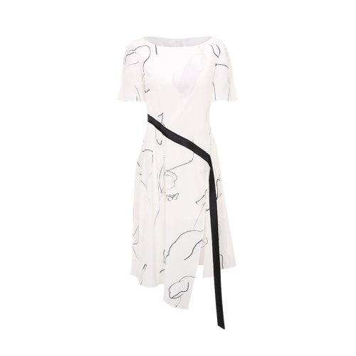 bifubyxingchen/彼伏線條圓領(lǐng)真絲連衣裙女士連衣裙