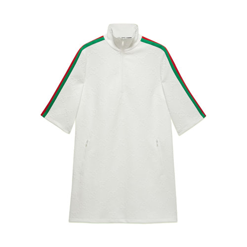 GUCCI/古馳 22秋冬新款 女士白色聚酯纖維紡織飾有紅綠條紋織帶GG針織提花連衣裙695735XJECY9185