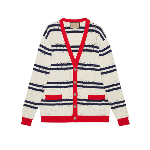 GUCCI/古馳 22年春夏新款 女士紅色/海軍藍(lán)色純棉條紋老花鏤空設(shè)計(jì)長袖開衫毛衣691543XKCAG9189