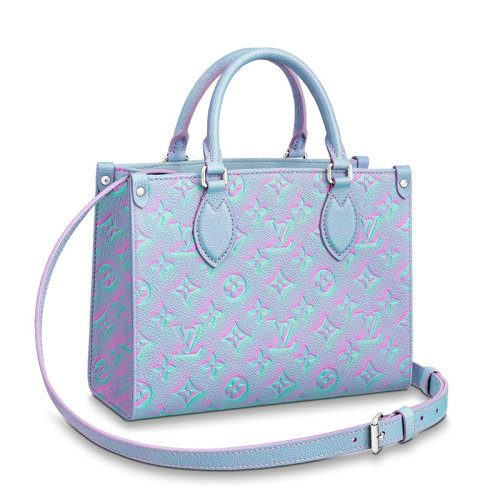 Louis Vuitton/路易威登 22新款ONTHEGO系列 女士小號(hào)丁香紫/淺藍(lán)色噴繪效果老花壓印粒面牛皮革銀扣配可拆卸肩帶單肩手提托特包M46067