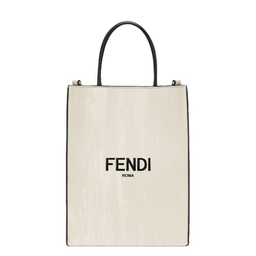 FENDI/芬迪 20  FENDI PACK系列 男士小號白色小牛皮黑色FENDI ROMA印花雙提手單肩斜挎手提購物包7VA512ADP6F1F0X